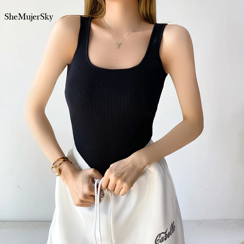 SheMujerSky Summer Sleeveless Bodysuit Knitted Elastic Black Tops Bodysuits Women Clothes Bodys para mujer 2021