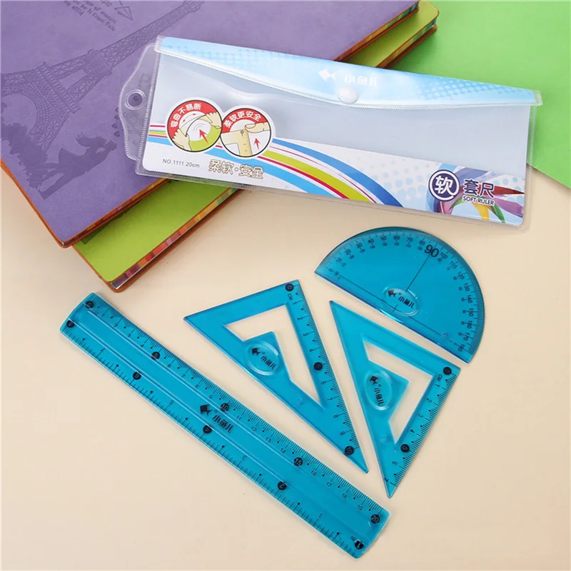 4 Pcs/Set Plastic Soft Ruler Set Straightedge Triangle Protractor Sets Red Blue Green Students Math Geometry Painting Supplies