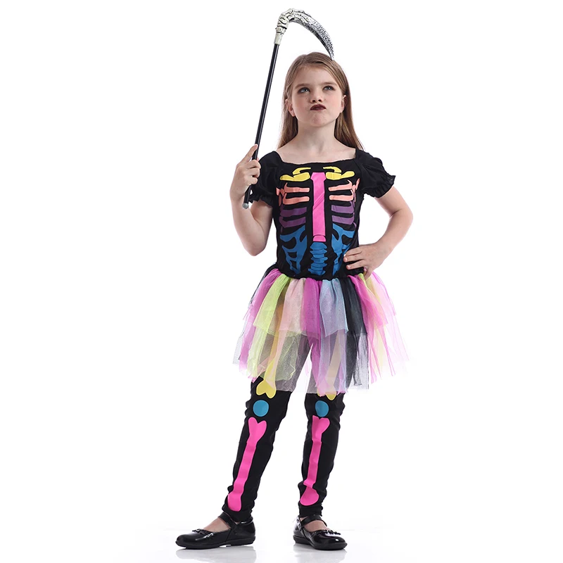 Szkielet kostium dla dziewczynek Halloween straszny kości kolorowy strój dzieci karnawał Cosplay Party duch strój dziecko