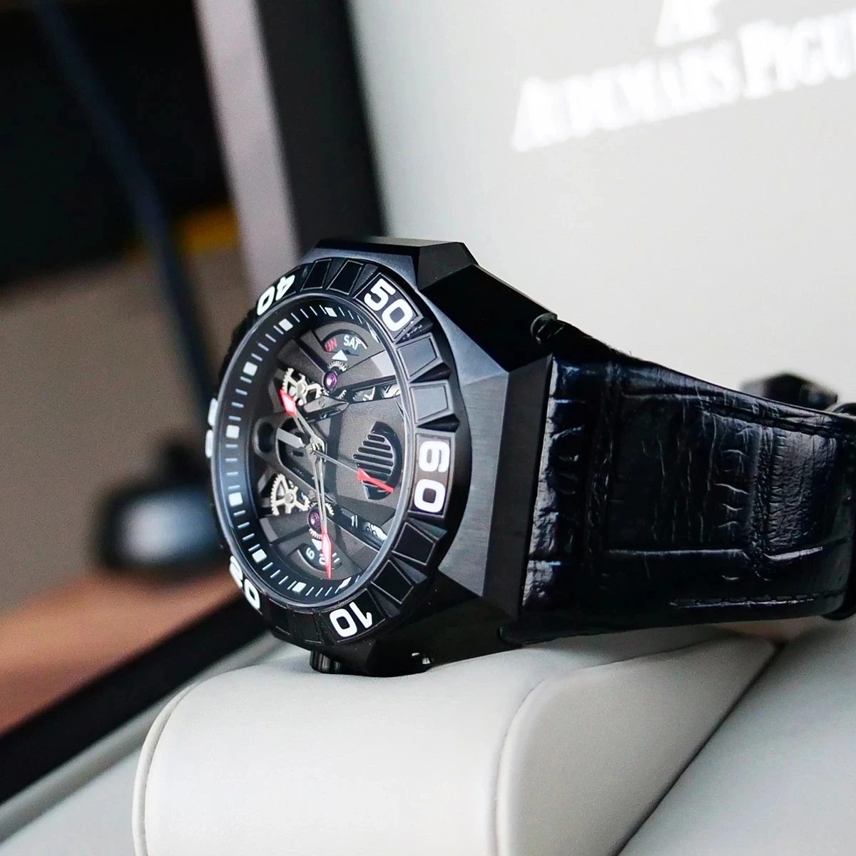 Reef Tiger/RT Men Sport Diver Watches Skeleton Automatic Mechanical Watch All Black 200M Waterproof Leather Strap Men Watches