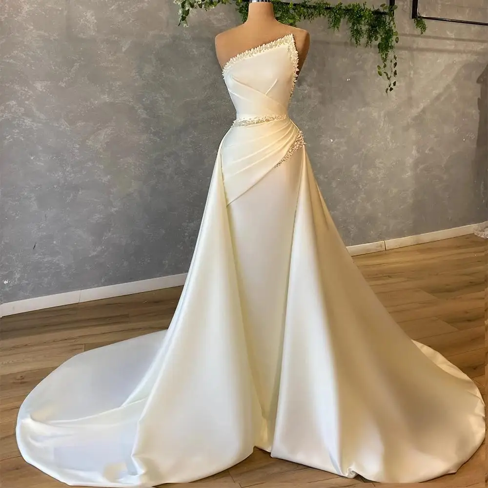 

2025 Ivory Satin Mermaid Wedding Dress Sleeveless Luxury Pearl Beading Pleat Bridal Gowns Tiered Skirts Robes De Mariée