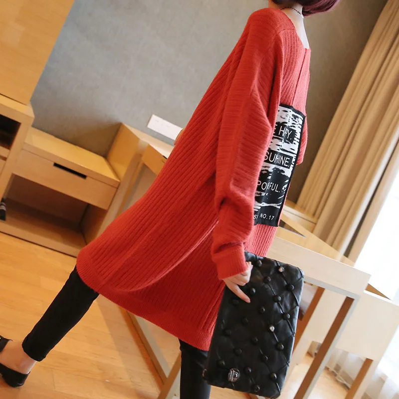 2019 female new autumn and winter berif Korean style long dress with  V-neck loose sweater