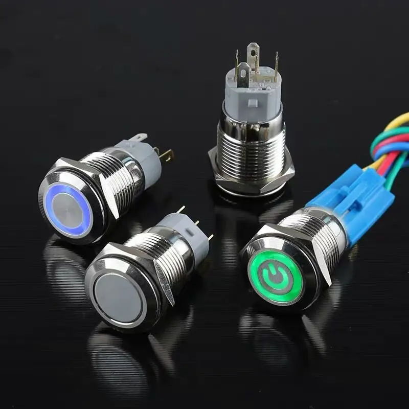 16mm metal push button switch power button Waterproof Flat circular button LED light self-lock self-reset button 1NO1NC 6V 12V
