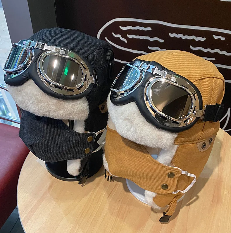 2021 Aviator Hats Men and Women Winter Thickened Warm Earmuffs Biking Skiing Cold Wind with Mask Cotton Cap Glasses Lei Feng Cap