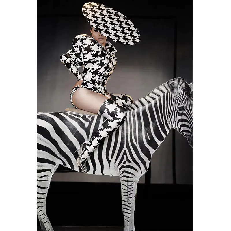 Bar night club Party Celebrate Stage Wear Zebra Puff Sleeve Bodysuit Performance Outfit Costume sets