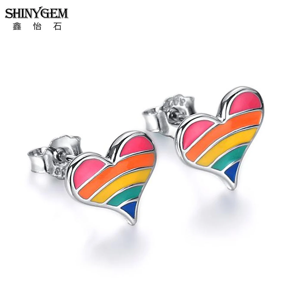 

ShinyGem Fashion 9mm-12mm Love Heart Rainbow Stud Earrings Charm Lovely 925 Sterling Silver Cute Korean For Women Girls