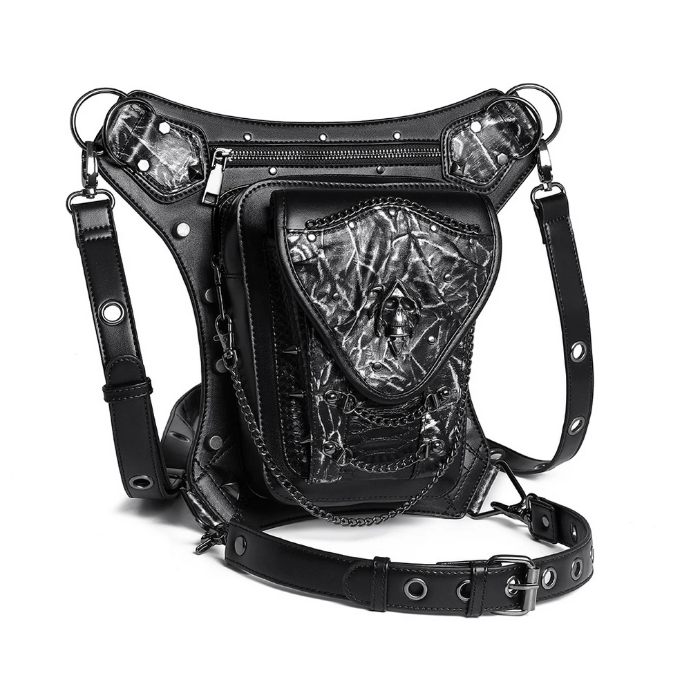 

Skeleton Chain Motorcycle Bag Women 2021 Single Shoulder Black Messenger Bags Phone Waistbag Functional Backpacks Mochila Hombre