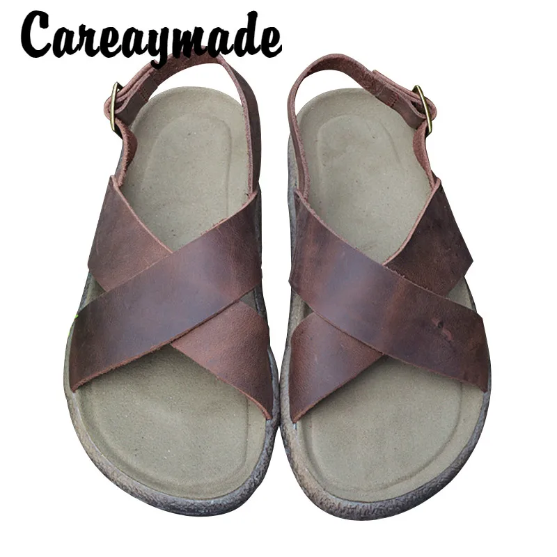 Careaymade-Summer 100% genuine Leather Women's Sandals Retro  Handmade Flat Heel slippers Crazy horse cowhide Beach shoes