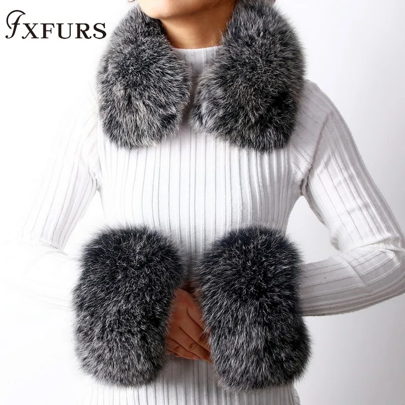 2020 New Fox Fur Collars Real Fur Cuffs Raccoon Fur Scarves a Set Winter Warm Fur Scarves Cuffs Match Cashmere Overcoats 