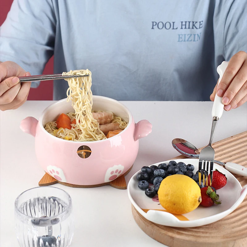 Kawaii Cat Ramen Bowl With Chopsticks Lid Spoon Plate Ceramic Cute Kitchen Salad Fruit Instant Noodle Rice Large Bowl Tableware