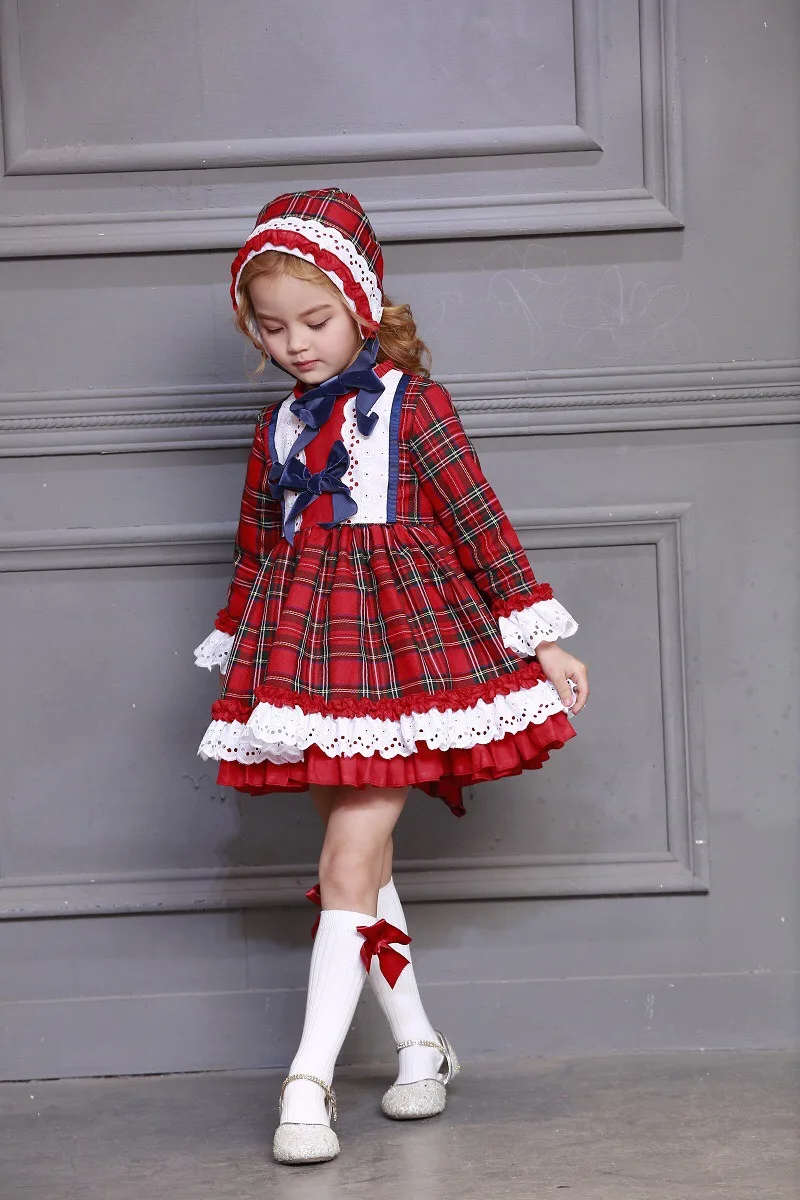 3PCS Baby Girl Autumn Winter Red Plaid Vintage Spanish Pompom Ball Princess Lolita Dress with Hat Pants for Birthday