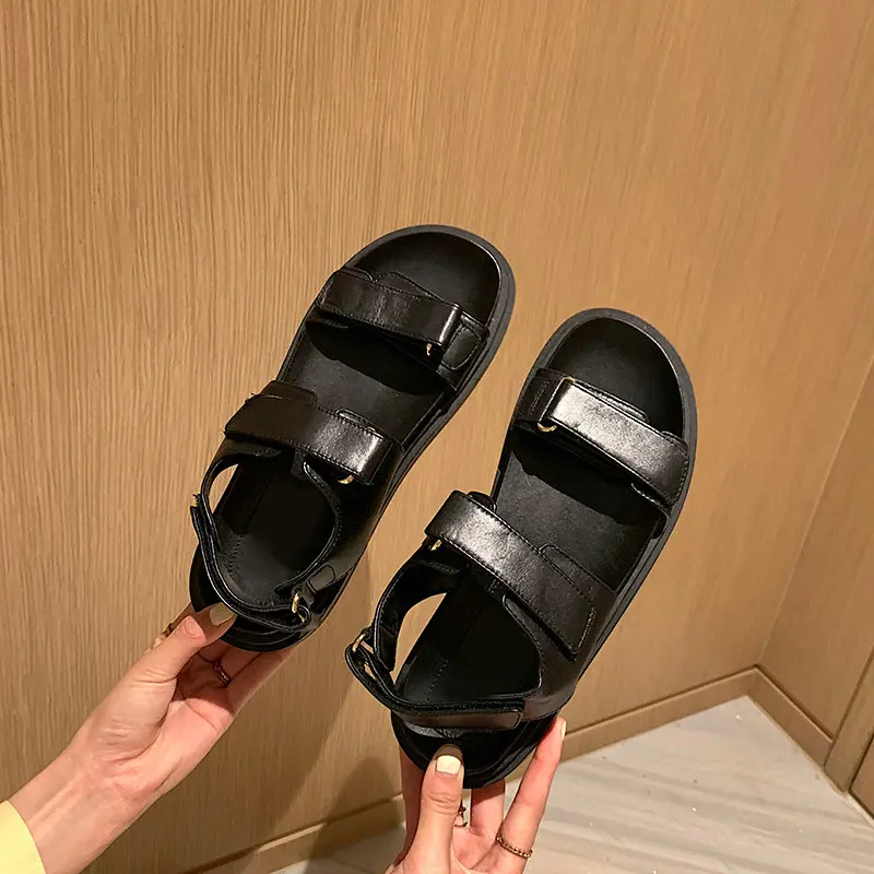 ESVEVA 2021 Genuine Leather Elegant Summer Female Shoes Wedge Heel Hook&Loop Slingback Casual Basic Women Sandals Size 34-39