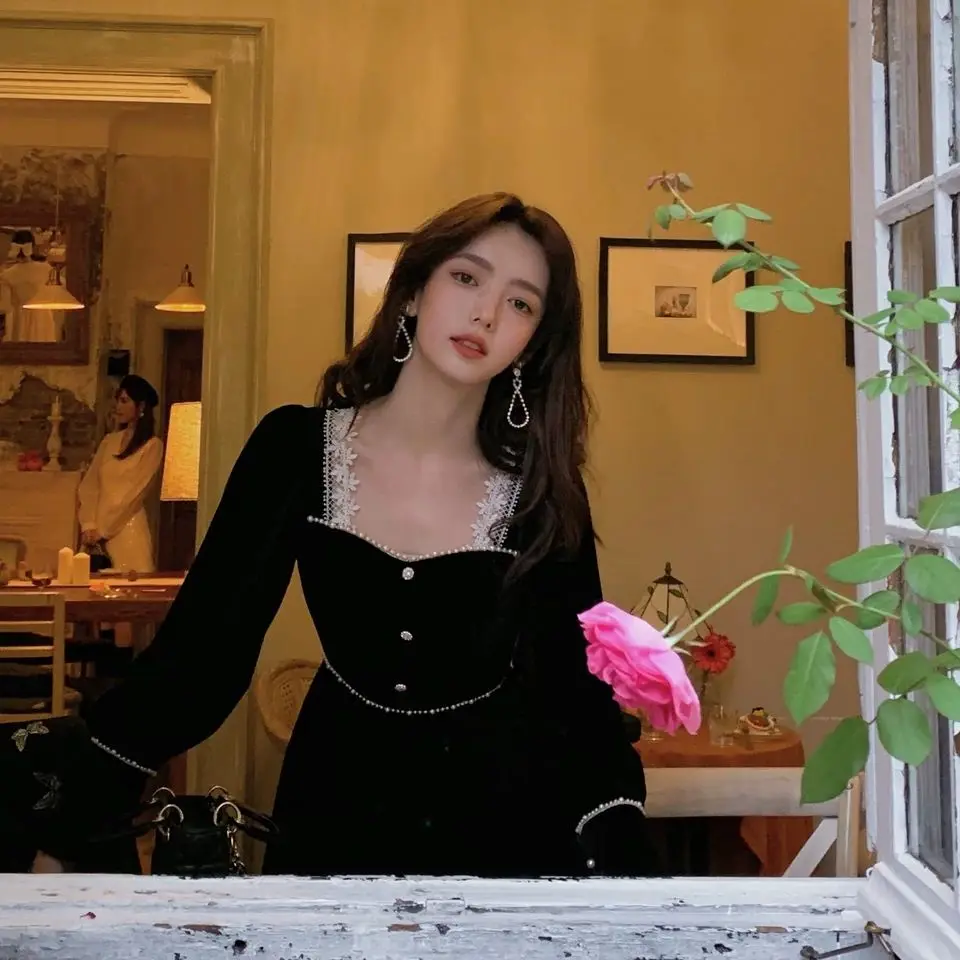 Robe élégante en dentelle blanche et noire pour femme, tenue de soirée à manches longues, Style français, à la mode, Patchwork, N3002