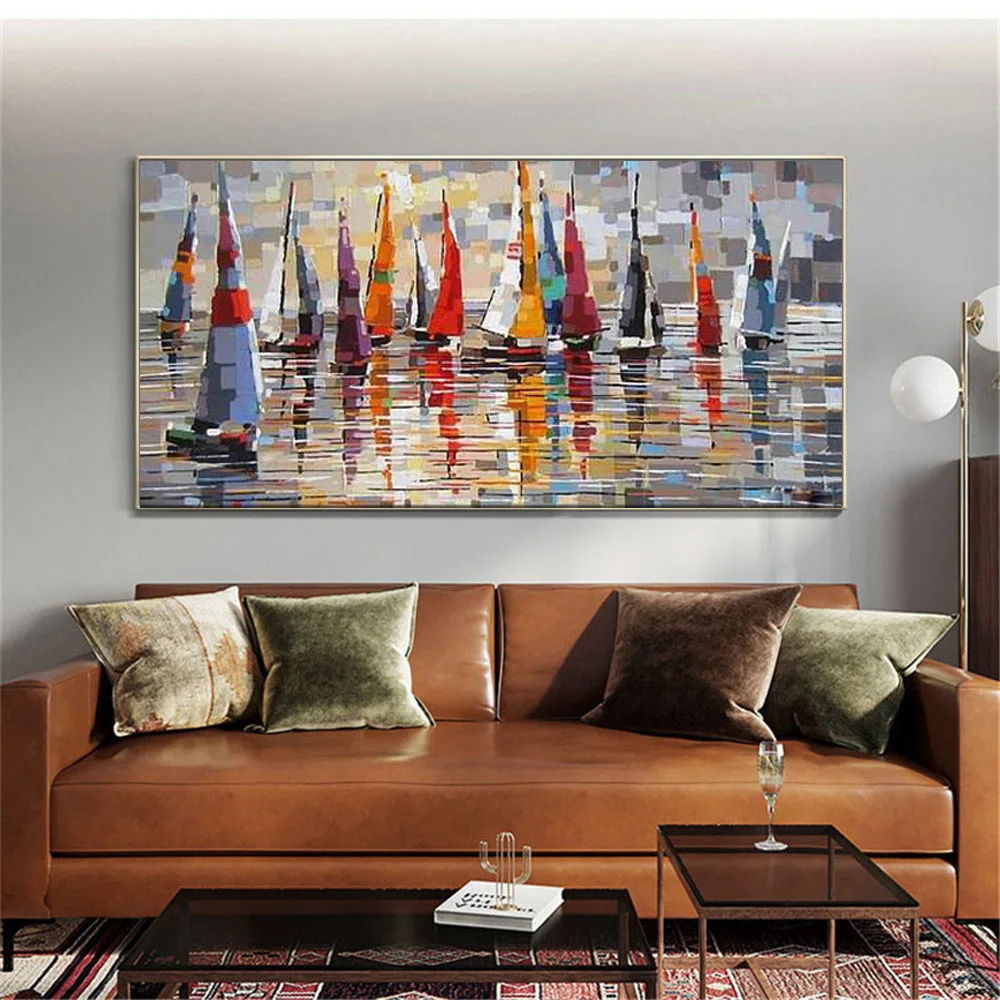 

Mediterranean Seascape Wall Paint Hand-Painted Oil Painting Abstract Canvas Picture Color Sailing Boat In Home Room Decor Art