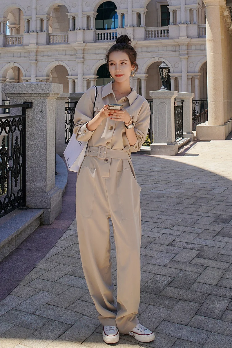 Women Long Sleeve Jumpsuit with Belt Loose Casual One Piece Cargo Pants Overalls Female Korean Wide Leg Trouser Autumn Spring