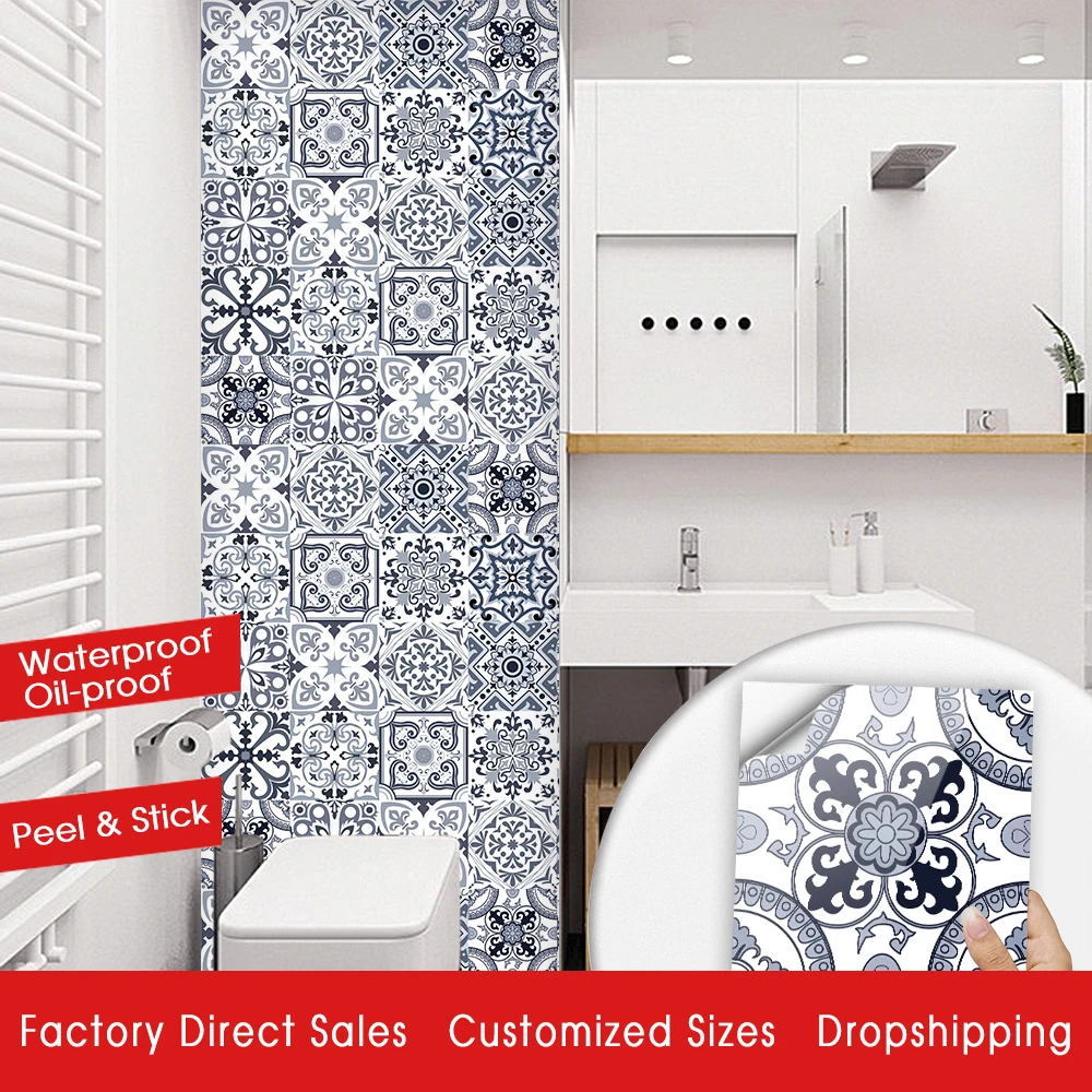 10pcs/set Gray Floral Ornament Floor Ground Wall Sticker Kitchen Bathroom Ceramics Wall Decals Waterproof Crystal Tile Art Mural