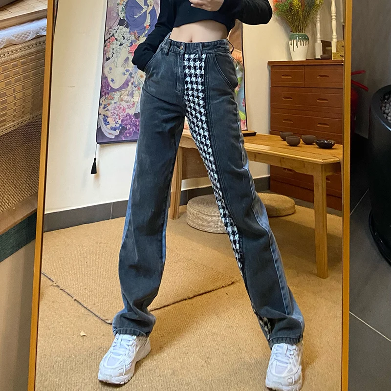 Design Sense Blue Black Plaid Jeans Women's Spring and Autumn 2021 New Nine-point Wide-leg Pants Straight Loose Pants Trend