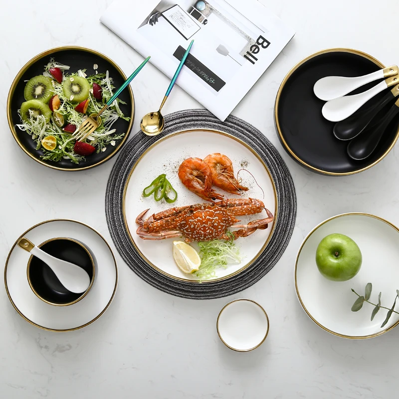 White And Black Round Gold Stroke Ceramic Dinner Plate Set Porcelain Steak Tableware Rice Soup Bowl Spoon Dish Home Decoration