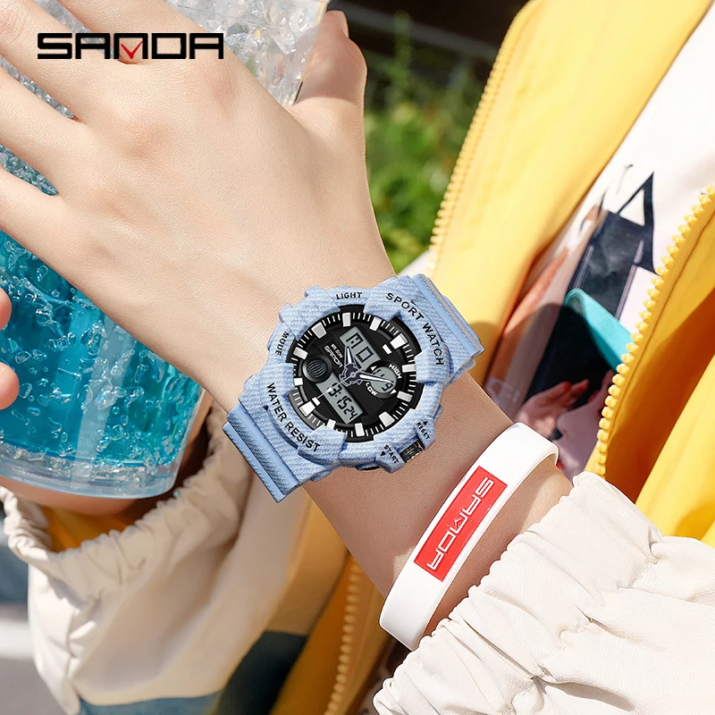 SANDA Sports Watch Luminous LED Digital Analog Watch Multifunctional Dual Display Women Watch Automatic Calendar 5ATM Waterproof