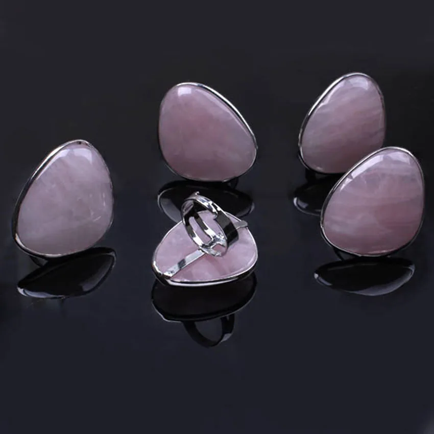 Natural Rose Pink Quartz Stone Rings Healing Crystal Quartz Reiki Stone Resizable Finger Ring Jewelry For Women Men Girls