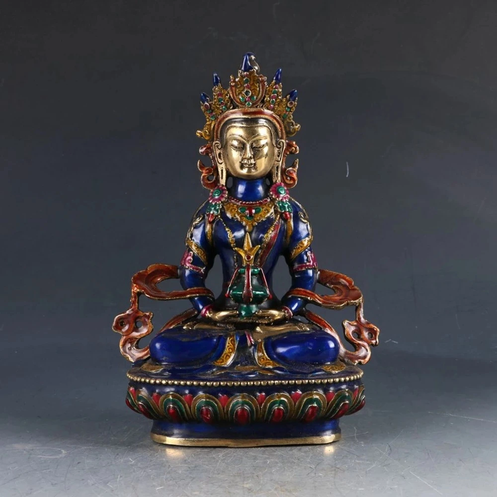 

12'' China Tibet Bronze Cloisonne Handwork Carved Tibetan Buddha Statue metal handicraft home decoration