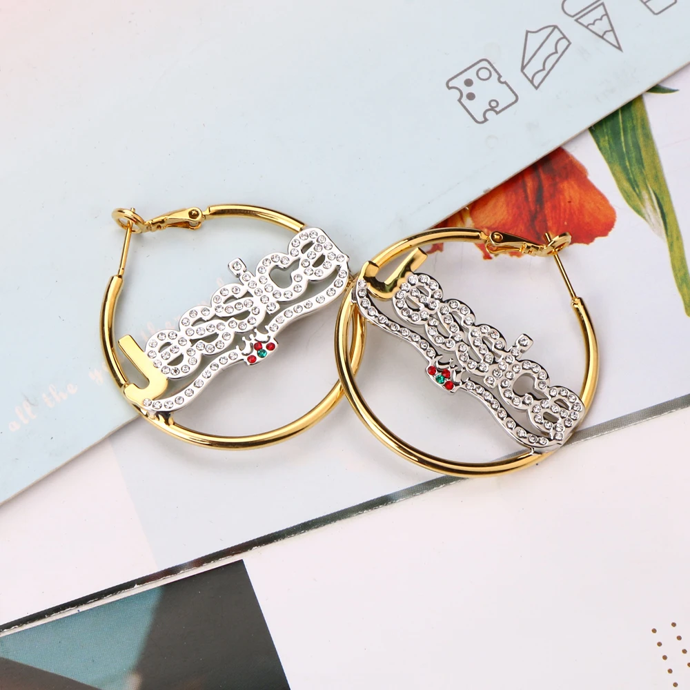 Lateefah Double Color Custom Name Earrings Stainless Steel Letter Hoop EarringsWith Crown Women/Girls Children's Day Gifts