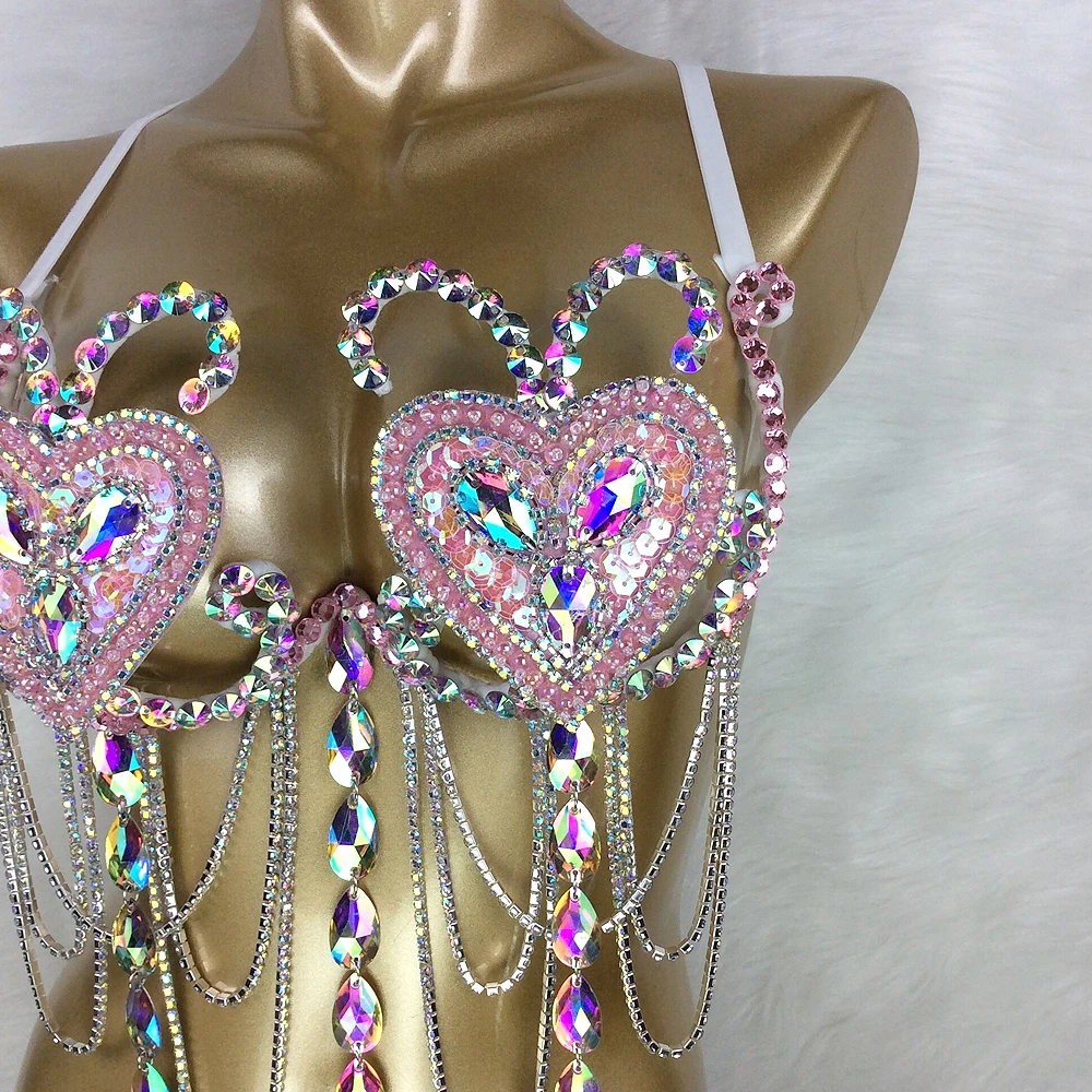 Crystal Bikini Sparkly Samba Carnaval Beha Regenboog Roze Rode Steen Buikdansen Draad Beha Buik Koningin Dance Wear Gogo Outfit