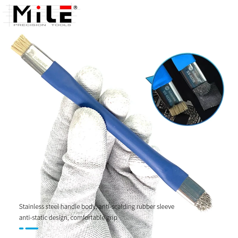 SS-022B Double-Head Brush With Bristle Superfine Steel Wire Mobile Phone Repair IC Pad Motherboard Cleaning Removal Glue Tool