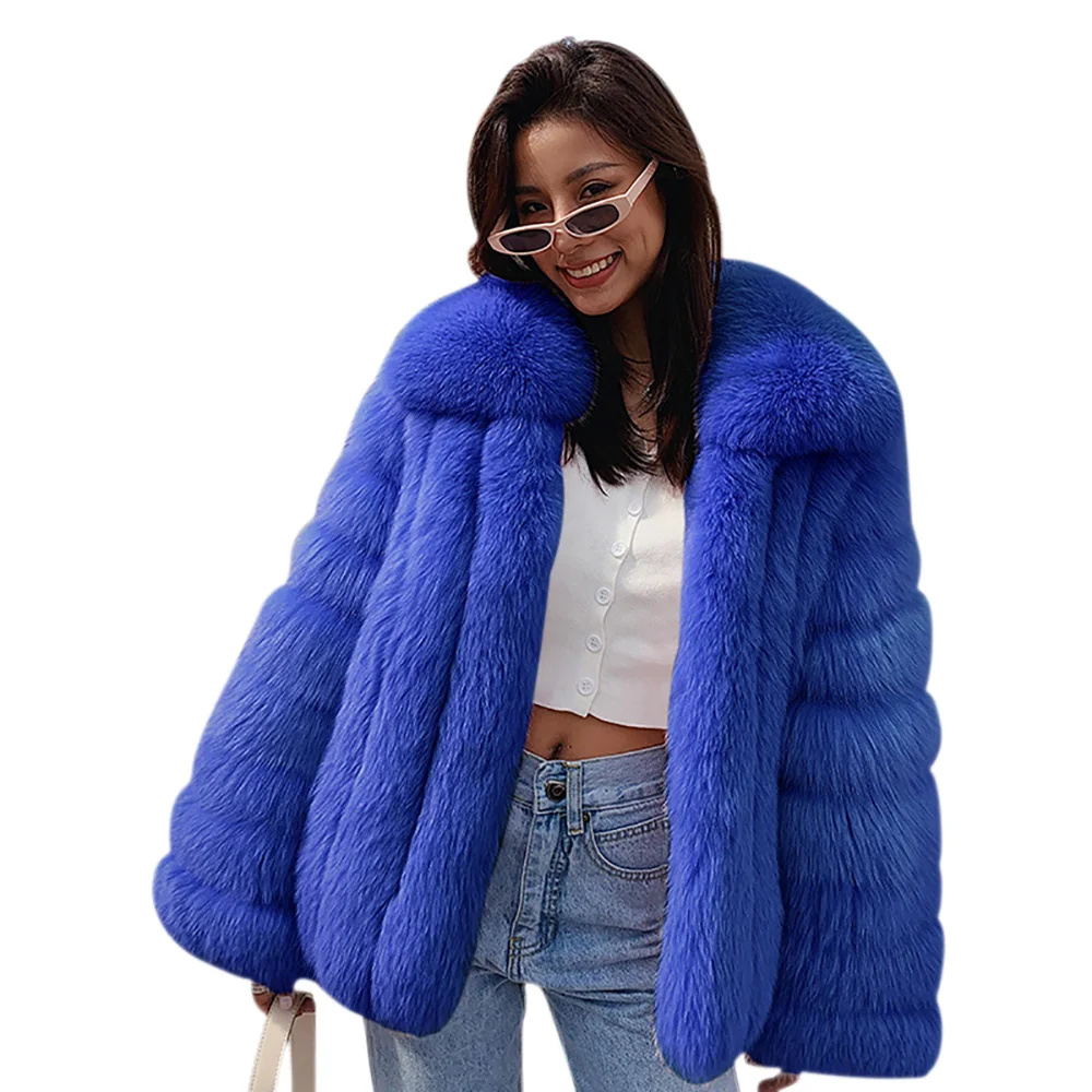 Fluffy Faux Fox Fur Coat for Women, Warm Jacket, Patchwork Jacket, Female Outerwear, Lapel Collar, Waist Coats, Winter