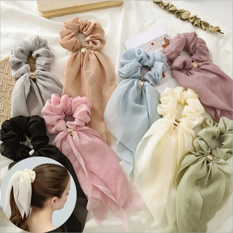 Chiffon Long Ribbon Bow Scrunchies Women Girl Ponytail Holder Scarf Hair Ties Elastic Hair Band Rope Headbands Hair Accessories