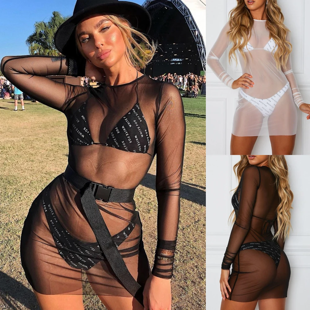 

Hirigin Mesh See Through Sexy Dress Womem Sundress Summer 2020 New Long Sleeve Lace Mini Dress Party Fits Beach Bikini Cover Up