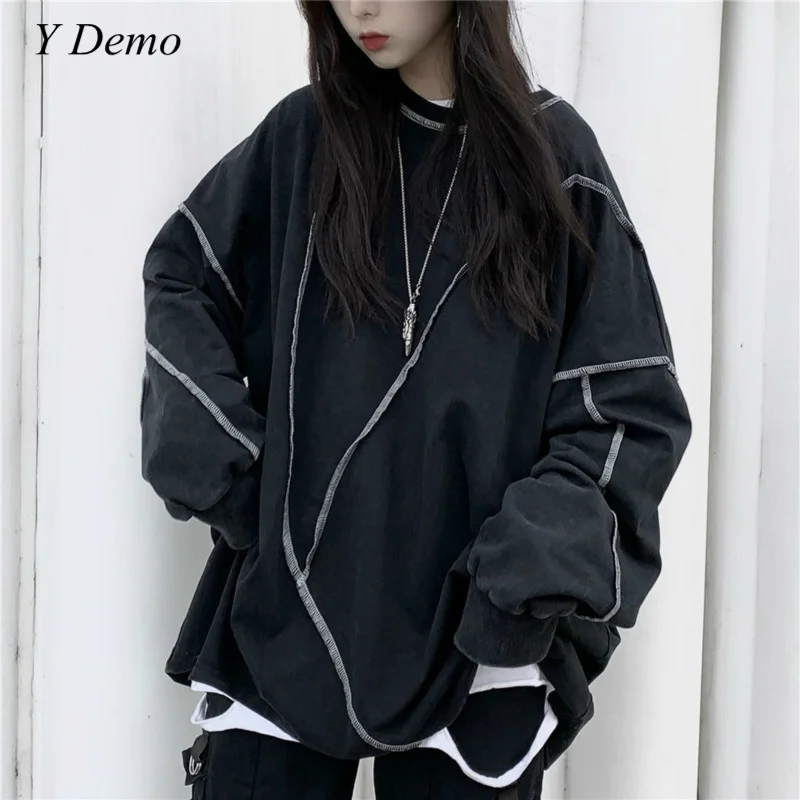 Y Demo Harajuku Streetwear Women Long Sleeve T-shirt Casual O-neck Irregular Patchwork Sweatshirt Oversized Fleece