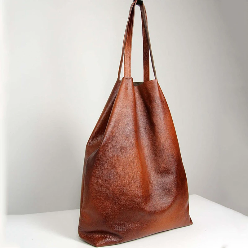 Brown Large Shopper Bag for Women Soft Leather Handbag Big Casual Vintage Female Shoulder Bag Mommy Tote Shopping Weekend 2021