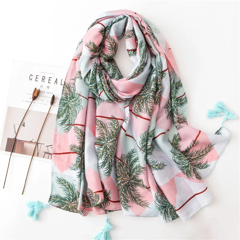 

2020 Newest Cotton Coconut Tree Print Tassel Scarves Shawl Beautiful Beach Leaves Wrap Scarf Hijab Muffler Free Shipping