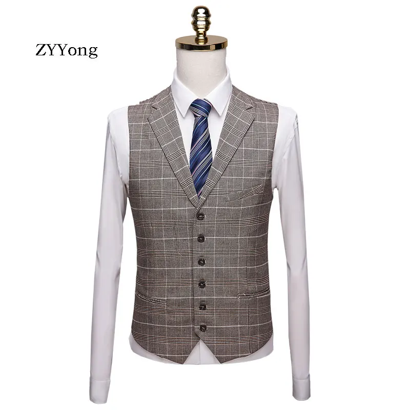 ZYYong Spring And Autumn Men's Fashion Suit Vest Men's Plaid Suit Vest Formal Business Wedding Slim Dress Vest Men's Work Vest