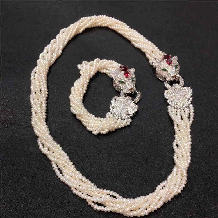 Women's Leopard head clasp DIY accessory white freshwater pearl necklace bracelet set fashion jewelry