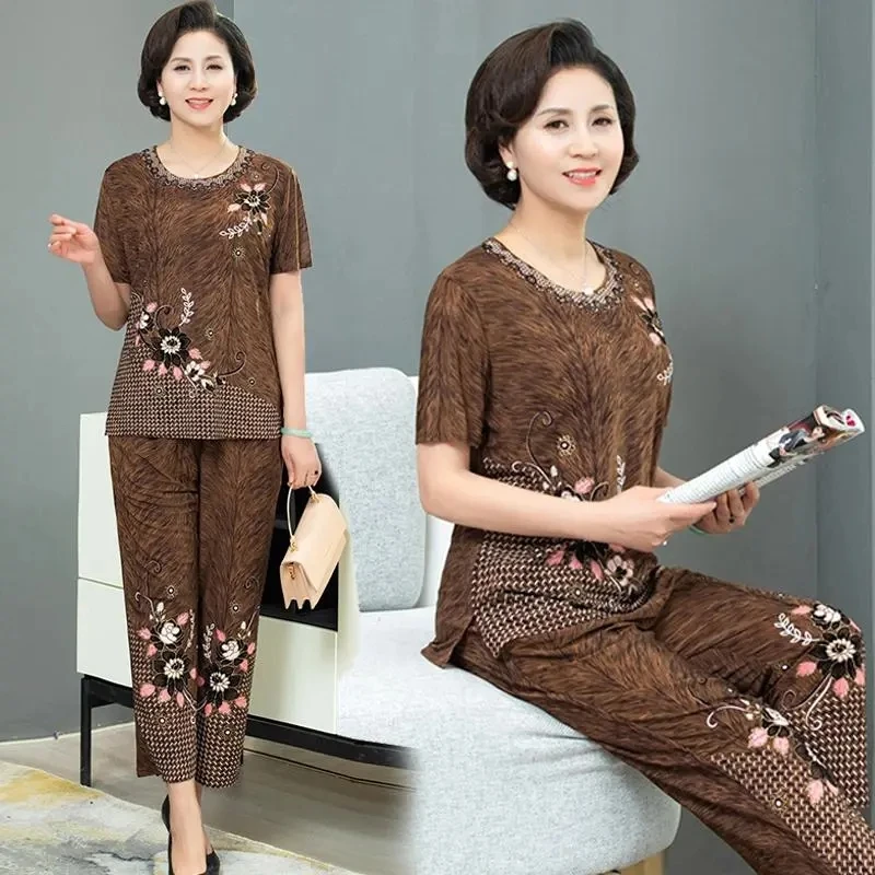 Set Middle-Aged Elderly Mothers Two-Piece Top + Pants Women\'s Summer Clothes Small Shirt Grandma Loose Female Old Lady Suit L738