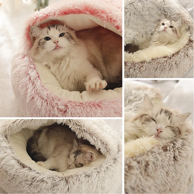 Kimpets Round Cat Beds House Soft Long Plush Winter Cushion Warm Cat BasketSleep Bag Cat Nest Kennel For Small Dog Cat