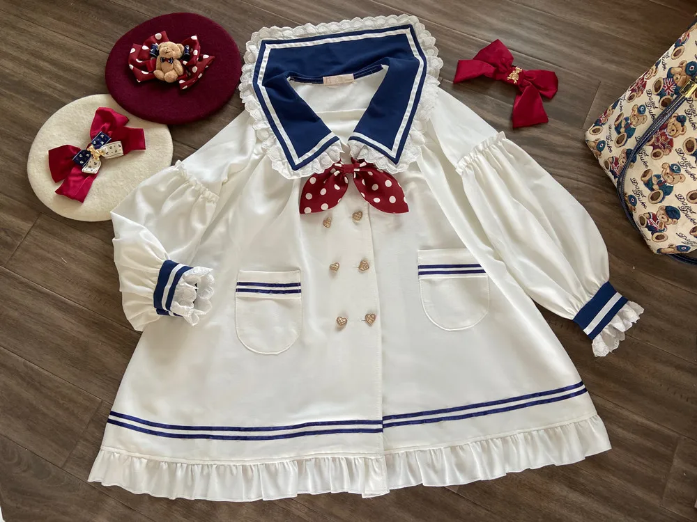 Lolita Sweet Girl  Winter British Style Navy Collar Japanese Jk Uniform Student Daily Cute Bowknot Coat Cosplay Cos Lolita Loli