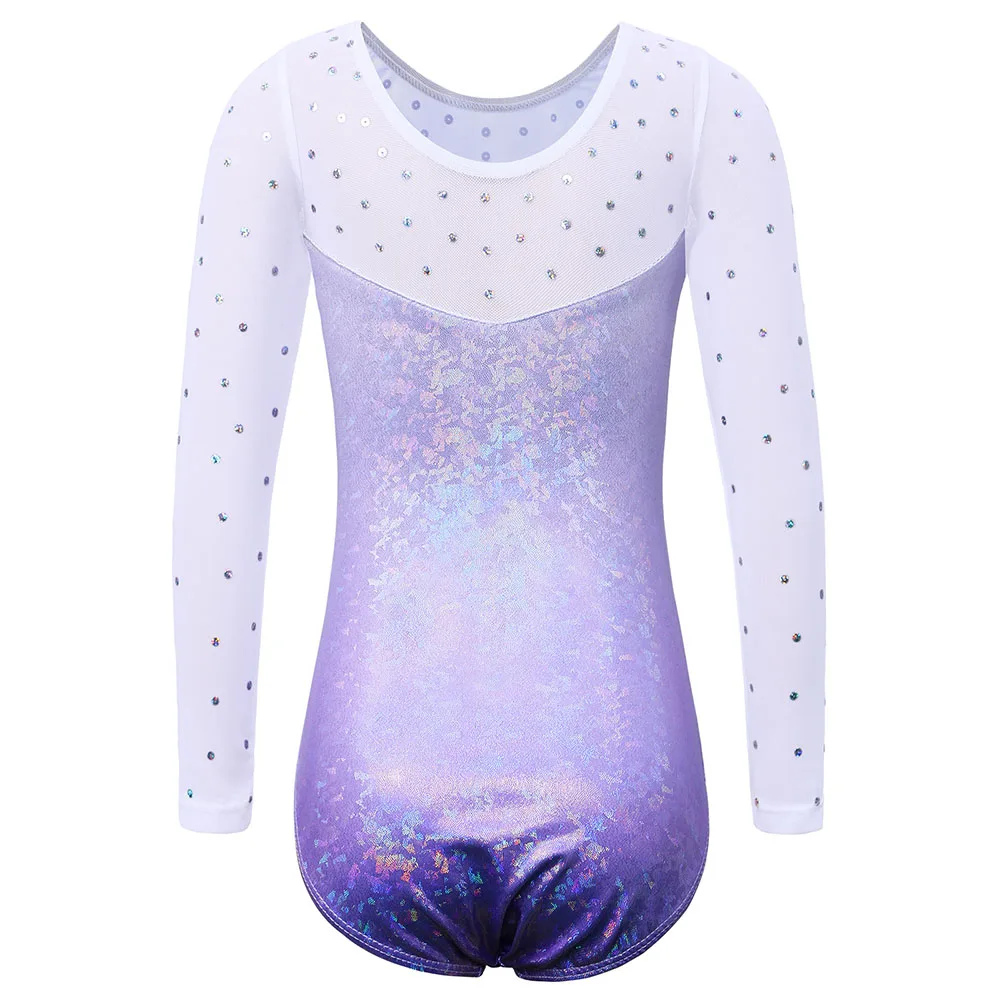 BAOHULU Long Sleeve Mesh Patchwork Leotards for Girls Toddler Kids Diamond Gymnastics Jumpsuit Bodysuit Teens Gymnastics Clothes