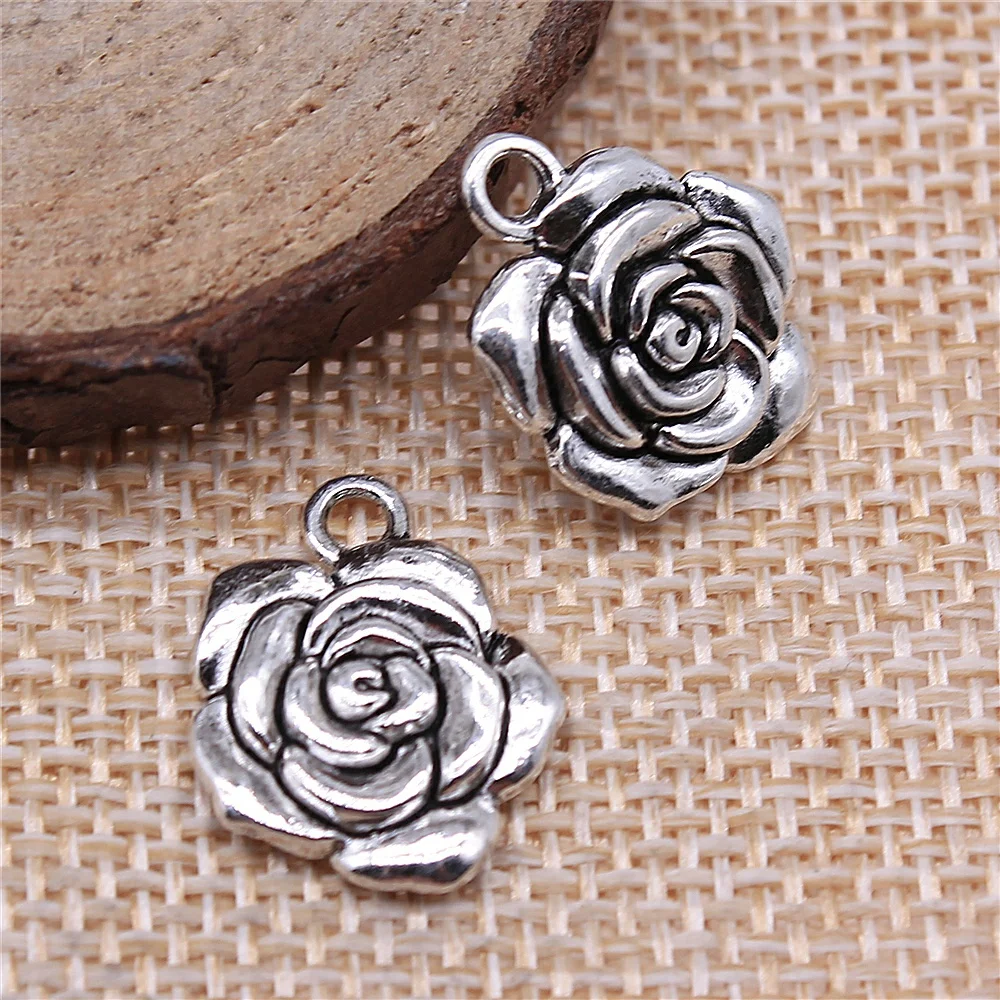 

free shipping 32pcs 15x18mm antique silver Rose flower charms diy retro jewelry fit Earring keychain hair card pendant