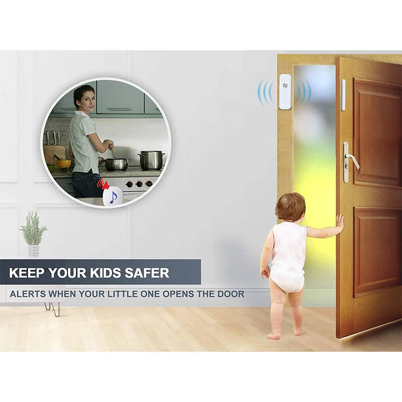 HTZSAFE Wireless Door/Window Sensor Alarm System-200 Meters Transmission Range-35 Optional Melodies & 4 Adjustable Volume