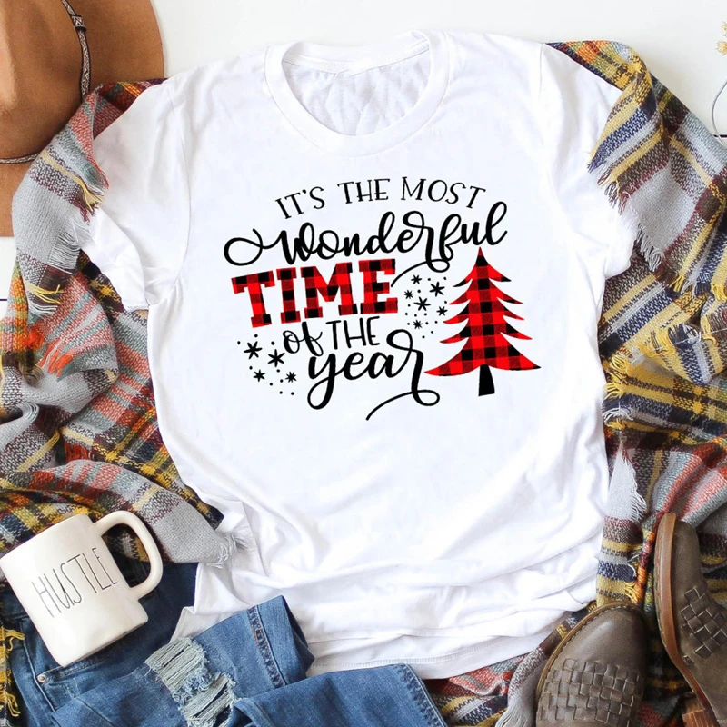 It's The Most Wonderful Time Of The Year T-shirt Vintage Buffalo Plaid Christmas Tree Tshirt Women Winter Holiday Gift Tops Tees