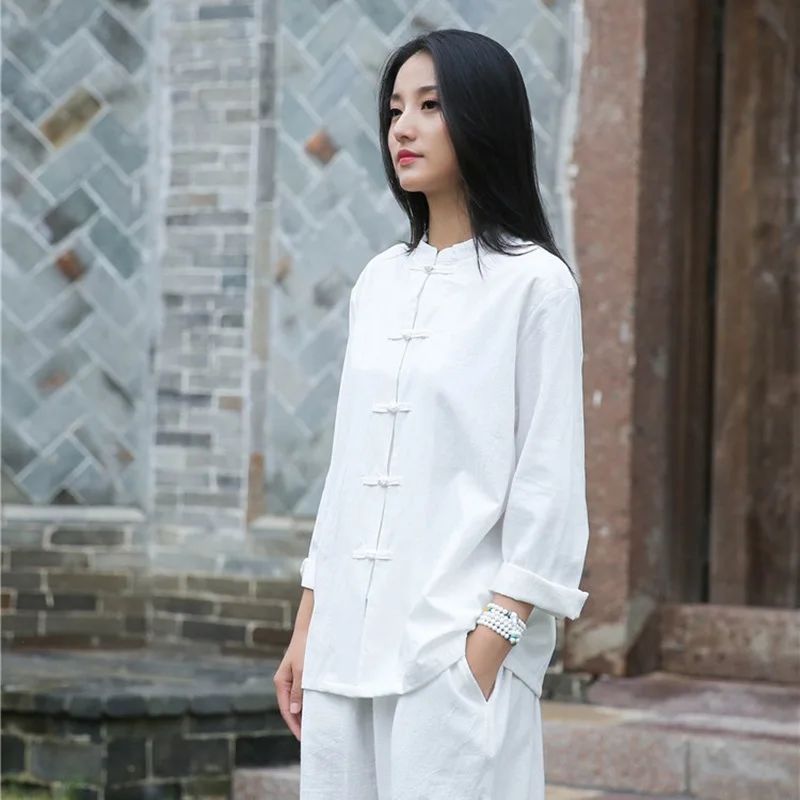 Women Long sleeve Shirt 2021 Autumn Chinese style Shirt Blouse Cotton Linen Vintage Shirt Qigong Tai Chi clothes V1997