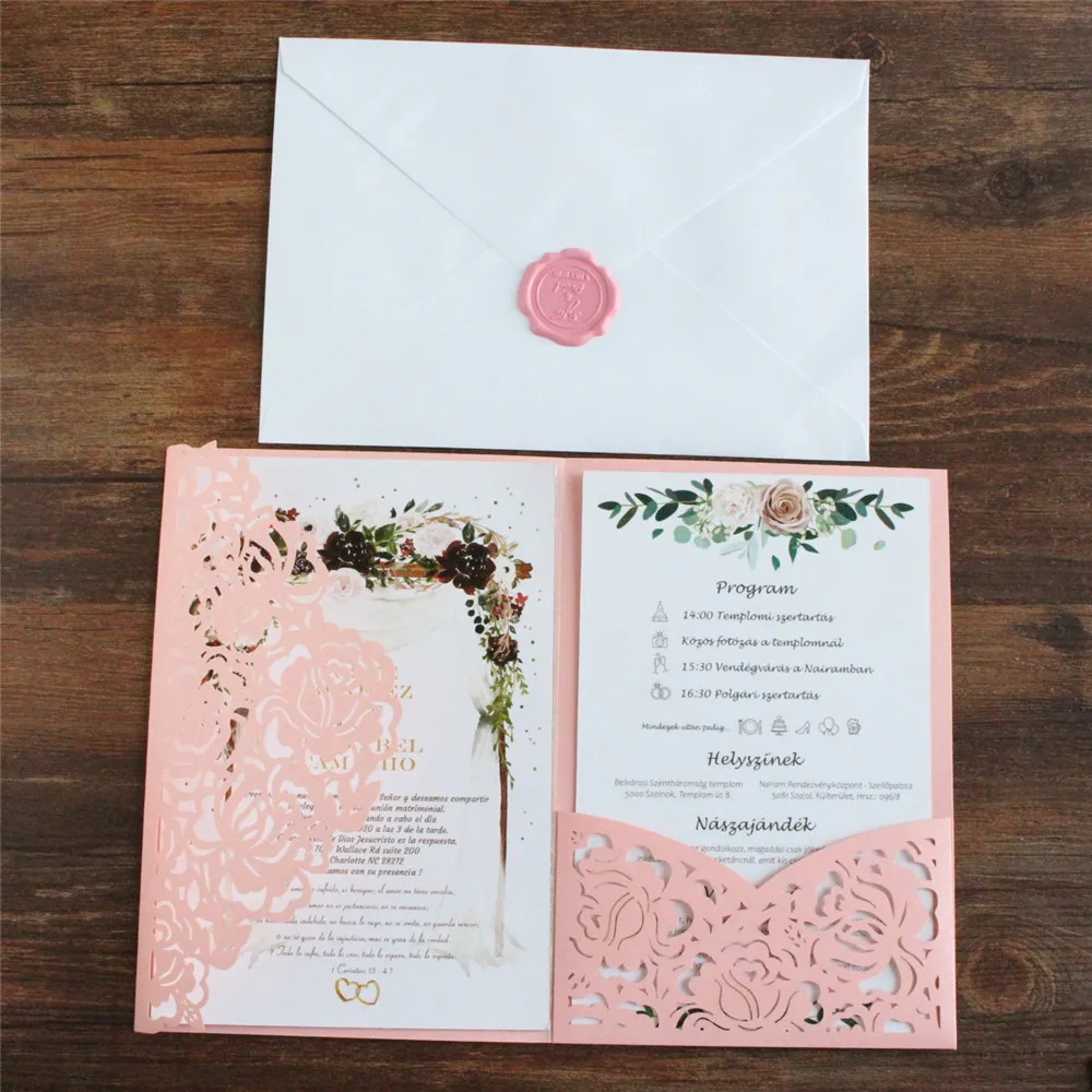 

Pink Invitation Decorative Card For Wedding Anniversary Party Rose Laser Cutting Tri-Folded Pocket Customized Inserts Printing