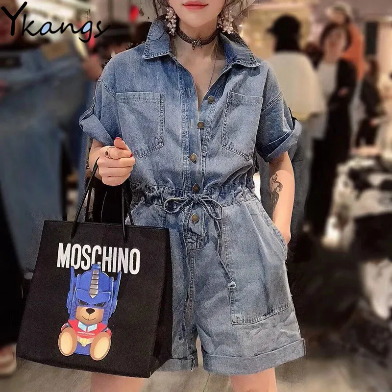 2020 Summer Women Overalls High Waist Drawstring Jean BF Loose Leg Playsuit Lapel Pocket Shorts Jumpsuit Denim Casual Streetwear