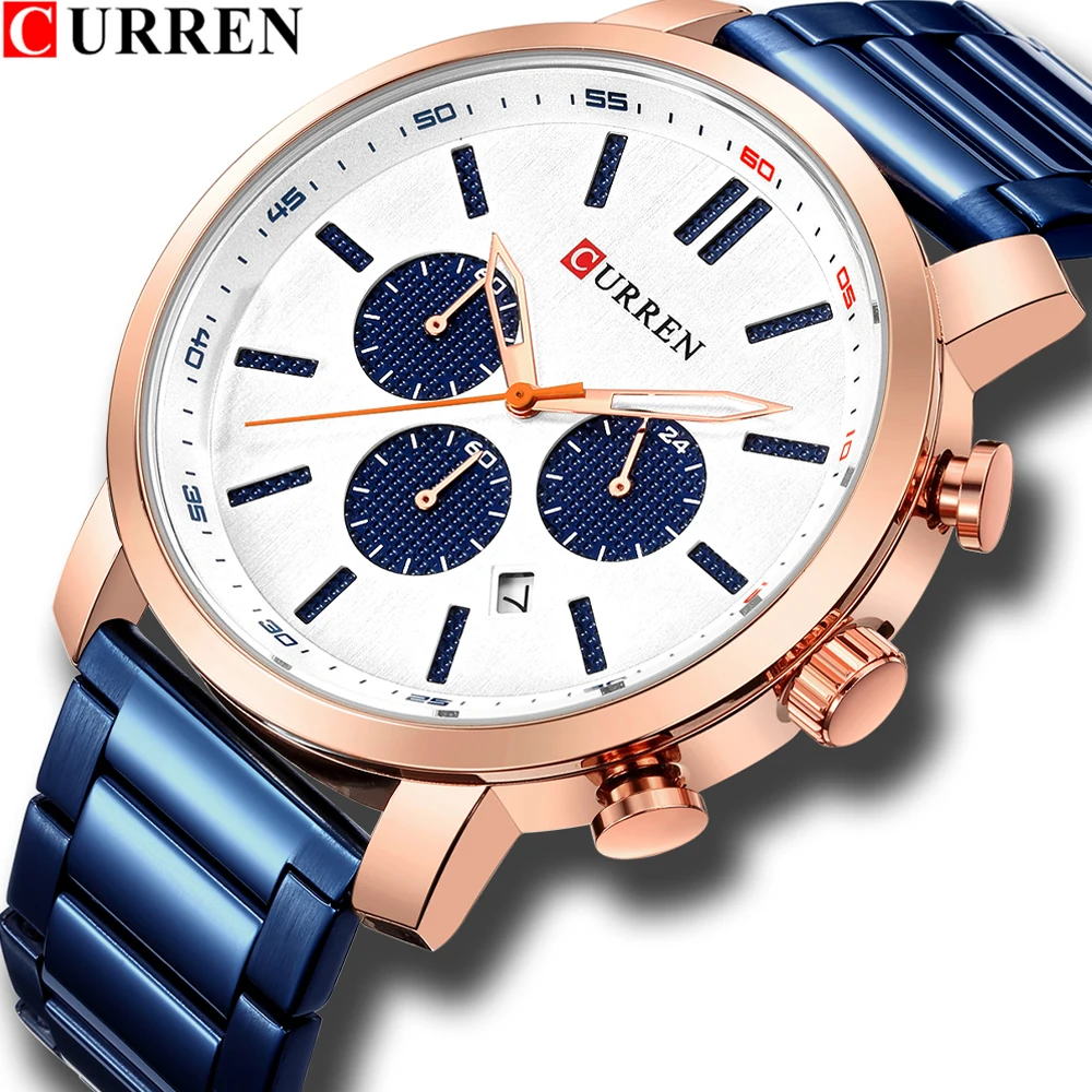 

CURREN Men Watches Top Luxury Brand Sport Watch Chronograph Quartz Wristwatch Blue Stainless Steel Male Clock Reloj Hombre XFCS