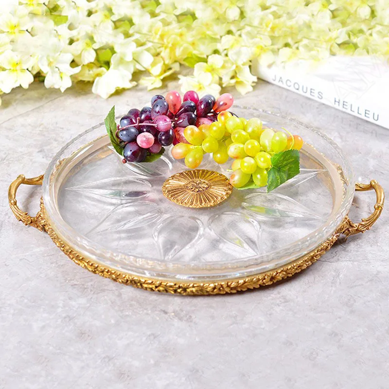 European Crystal Storage Tray Brass Frame Decor Cosmetic Container Living Room Desktop Fruit Organizer Home Decoration Ornaments