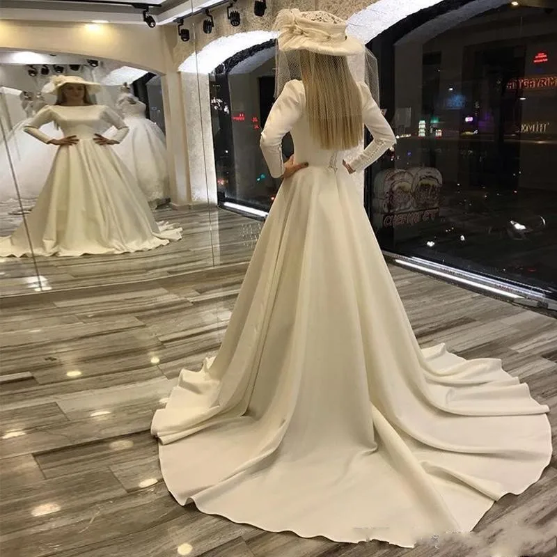 Ivory-vestidos De Novia musulmanes De línea A, cuello De Joya, manga larga con cordones en la espalda, vestidos De Novia De satén, tren De la capilla, 2024