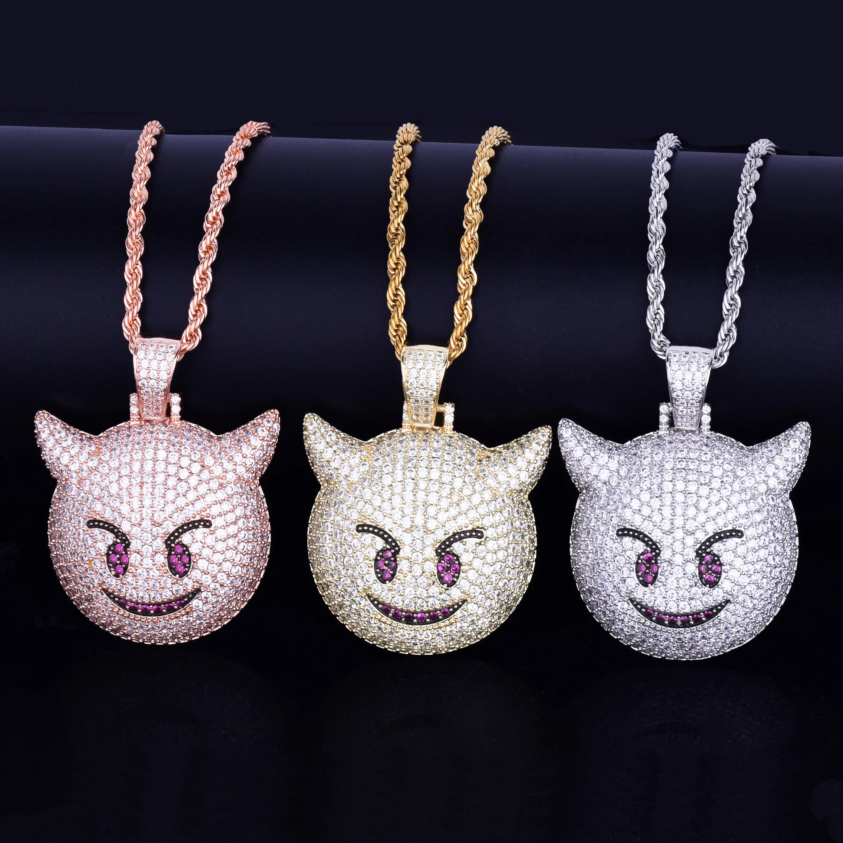 Demon Evil Expression Necklace & Pendant Gold Color Plated Bling Zircon Hip Hop Rock Street Jewelry